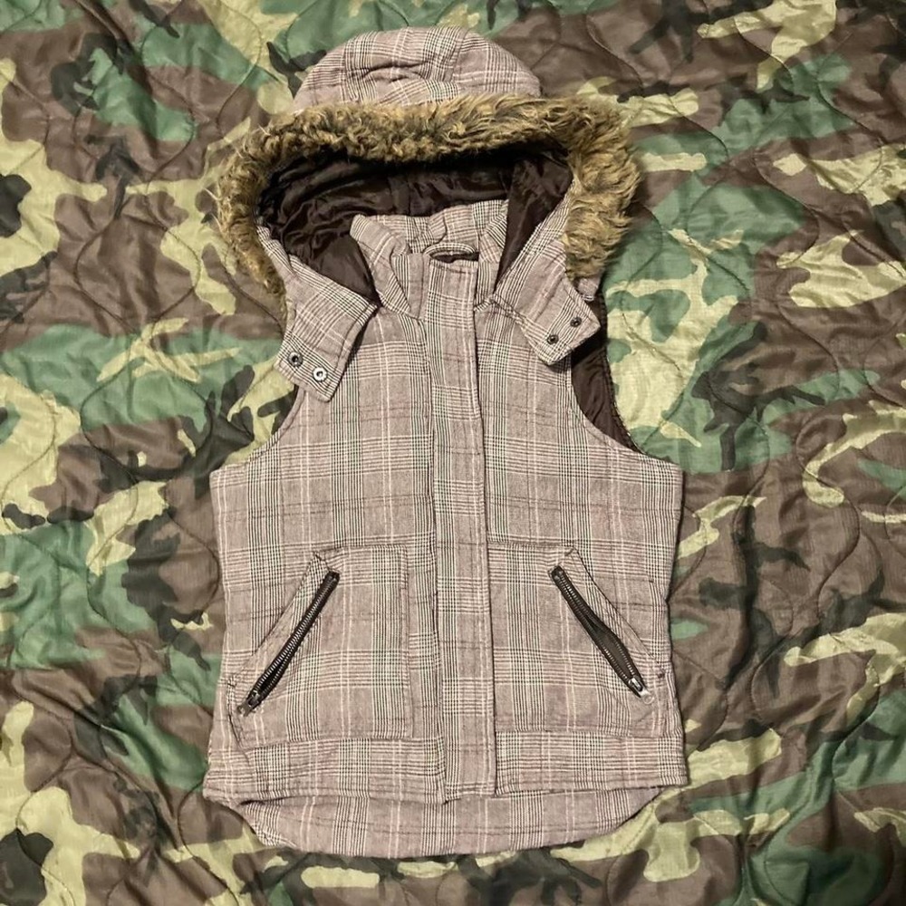 Charlotte Russe plaid funnel neck puffer‎ vest faux fur hood vtg y2k women S/16